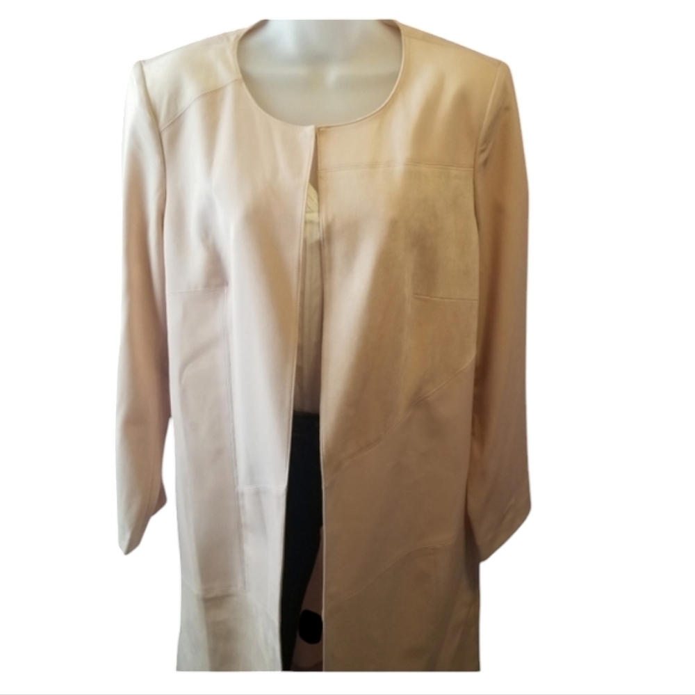 Calvin Klein Sz 14 Blush Suede, Leather, Knit Open Long Jacket Patchwork NWT - Picture 2 of 12